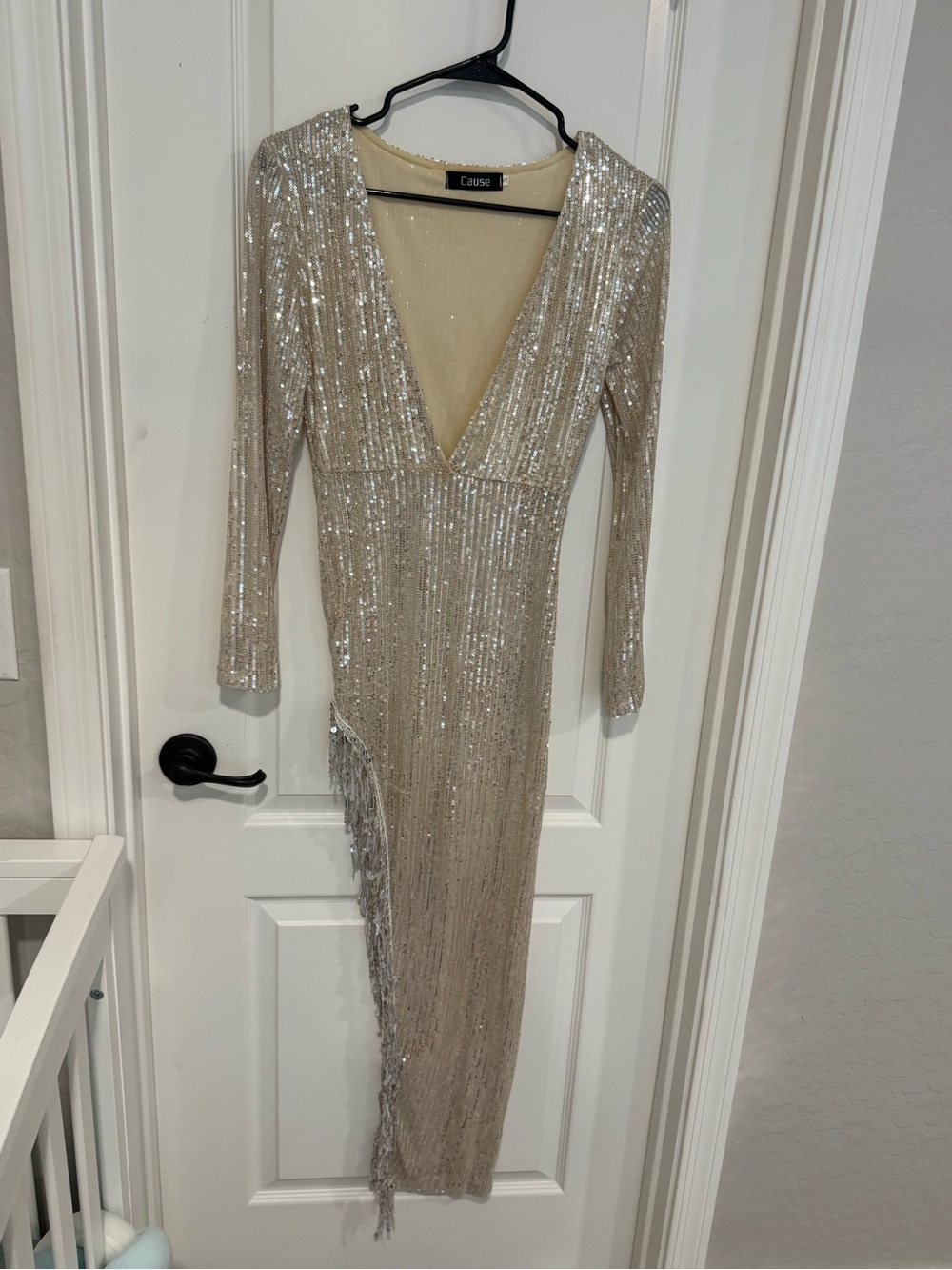 Champagne Sequin Long Sleeve V-Neck Dress